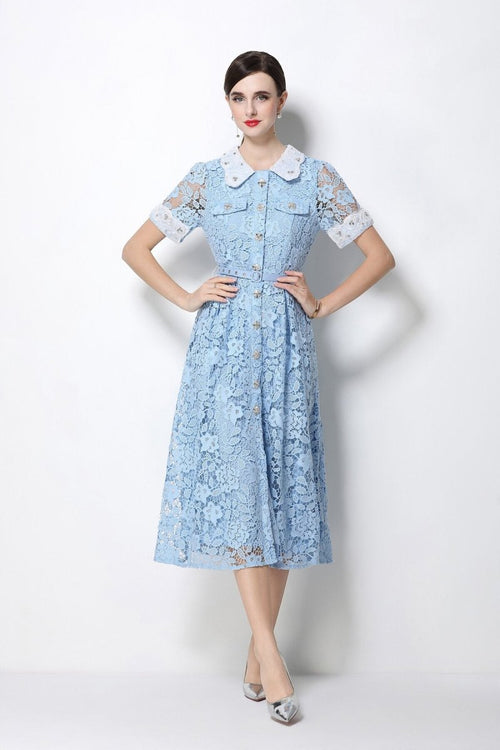 Floral Lace Peter Pan Collar Midi Dress with Crystal Buttons & Grommet Belt