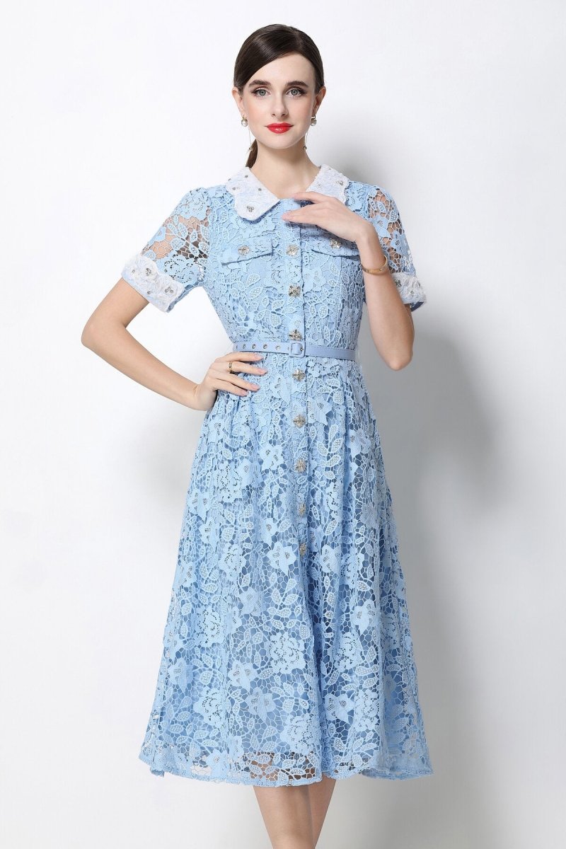 Floral Lace Peter Pan Collar Midi Dress with Crystal Buttons & Grommet Belt