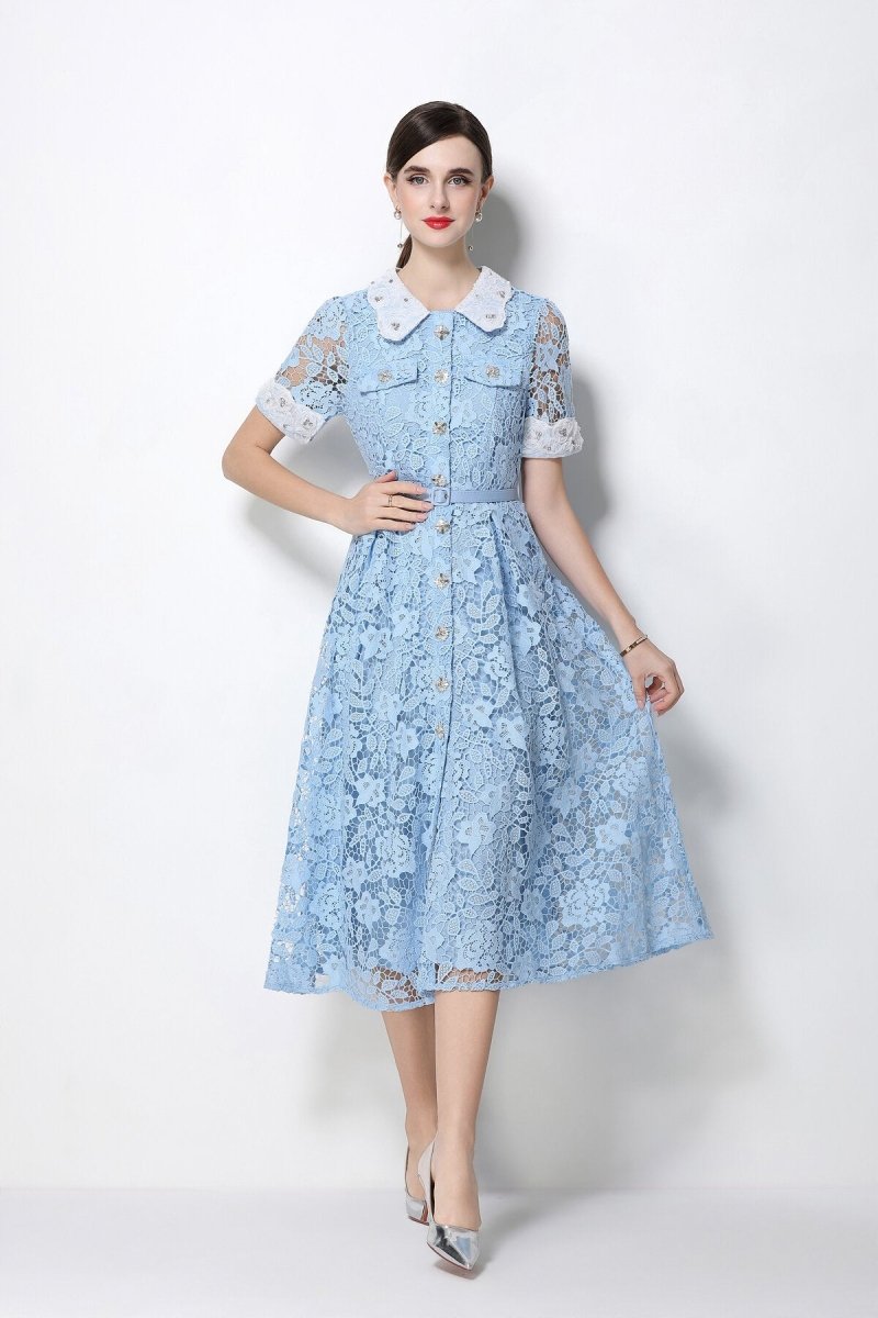 Floral Lace Peter Pan Collar Midi Dress with Crystal Buttons & Grommet Belt