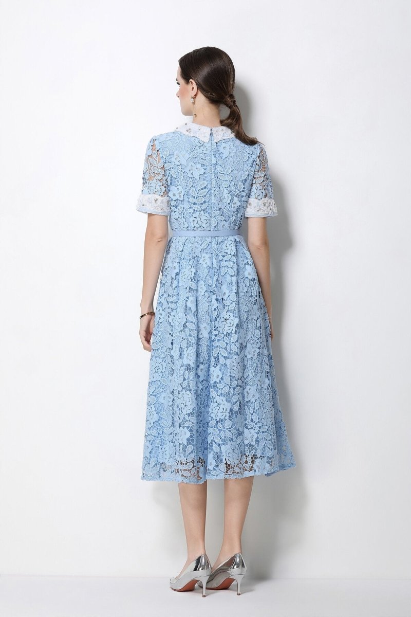 Floral Lace Peter Pan Collar Midi Dress with Crystal Buttons & Grommet Belt
