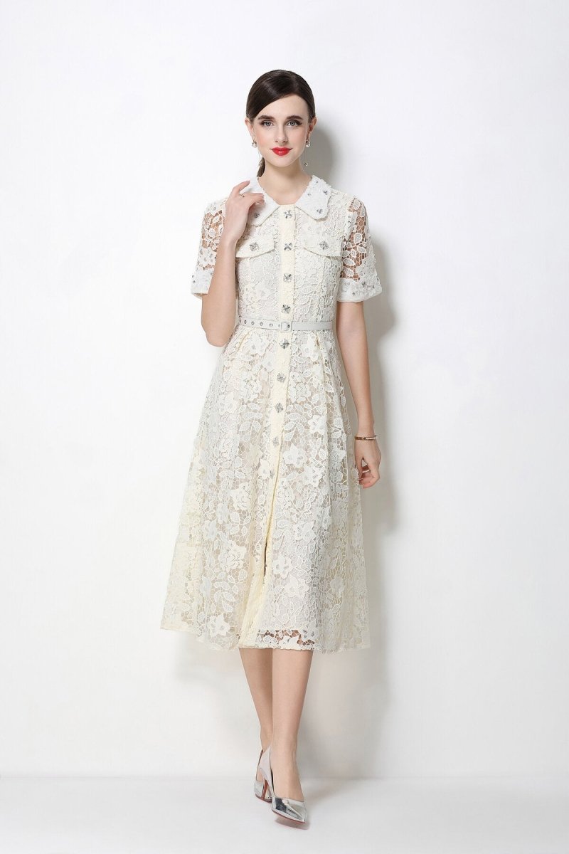 Floral Lace Peter Pan Collar Midi Dress with Crystal Buttons & Grommet Belt