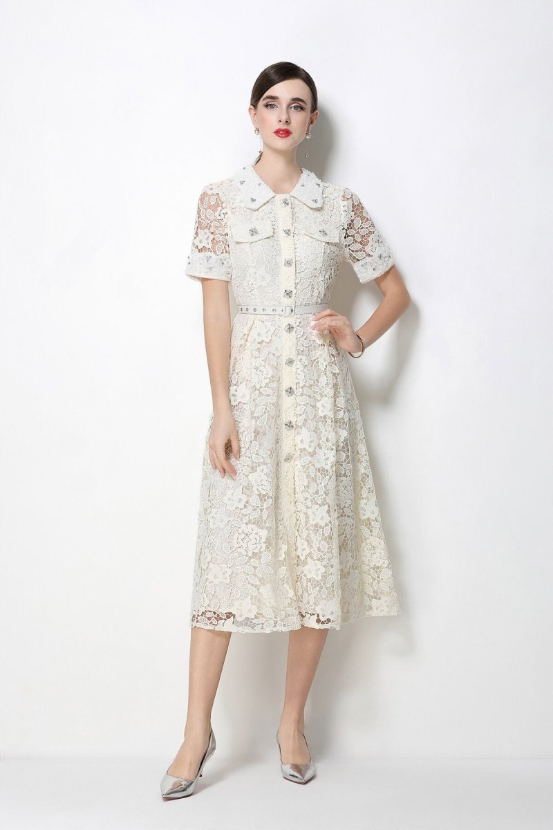 Floral Lace Peter Pan Collar Midi Dress with Crystal Buttons & Grommet Belt