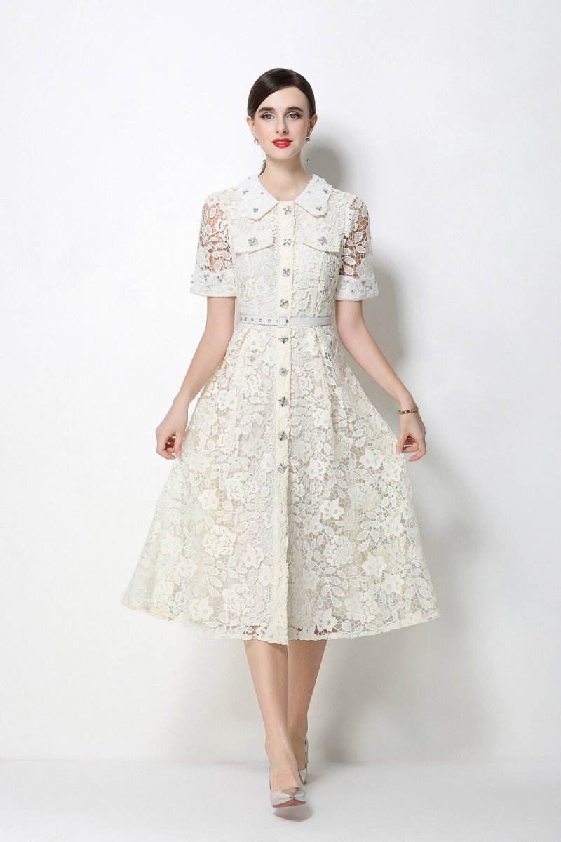 Floral Lace Peter Pan Collar Midi Dress with Crystal Buttons & Grommet Belt