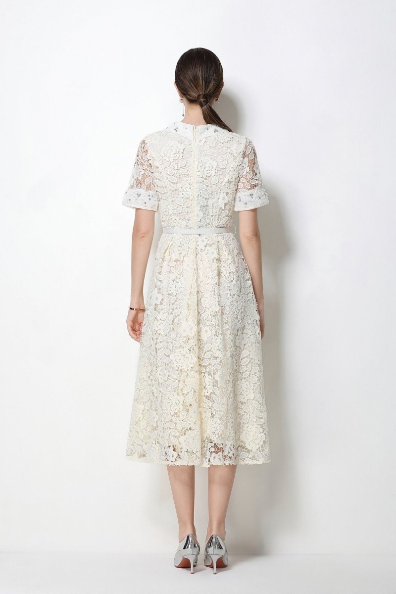 Floral Lace Peter Pan Collar Midi Dress with Crystal Buttons & Grommet Belt