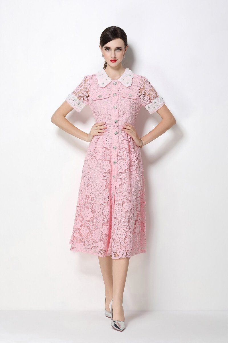 Floral Lace Peter Pan Collar Midi Dress with Crystal Buttons & Grommet Belt