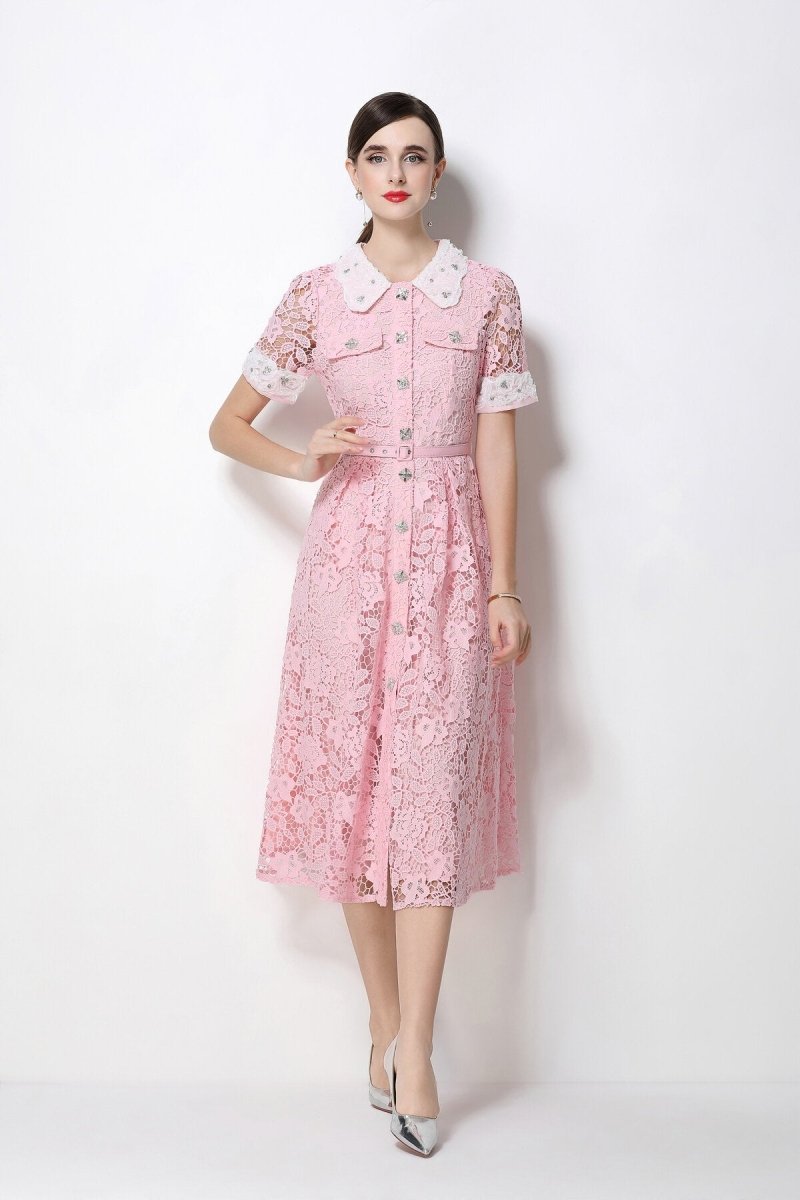 Floral Lace Peter Pan Collar Midi Dress with Crystal Buttons & Grommet Belt