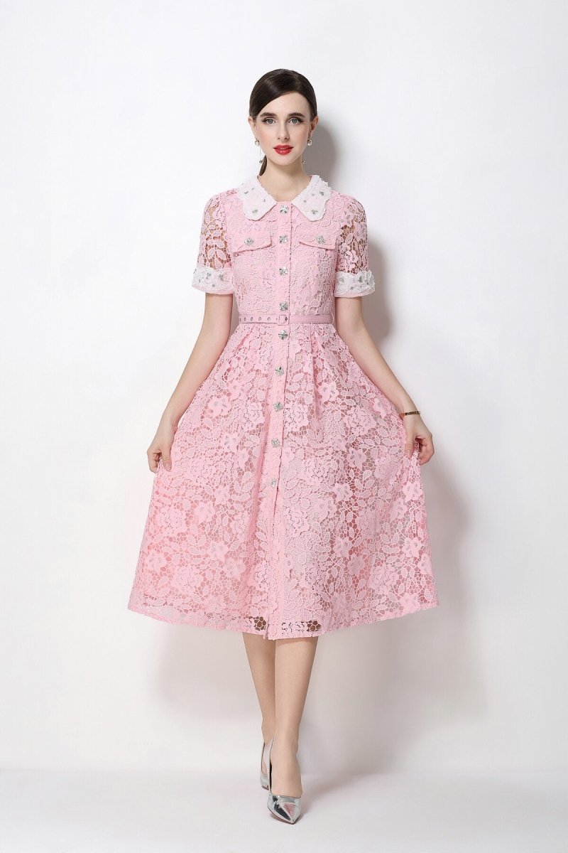 Floral Lace Peter Pan Collar Midi Dress with Crystal Buttons & Grommet Belt