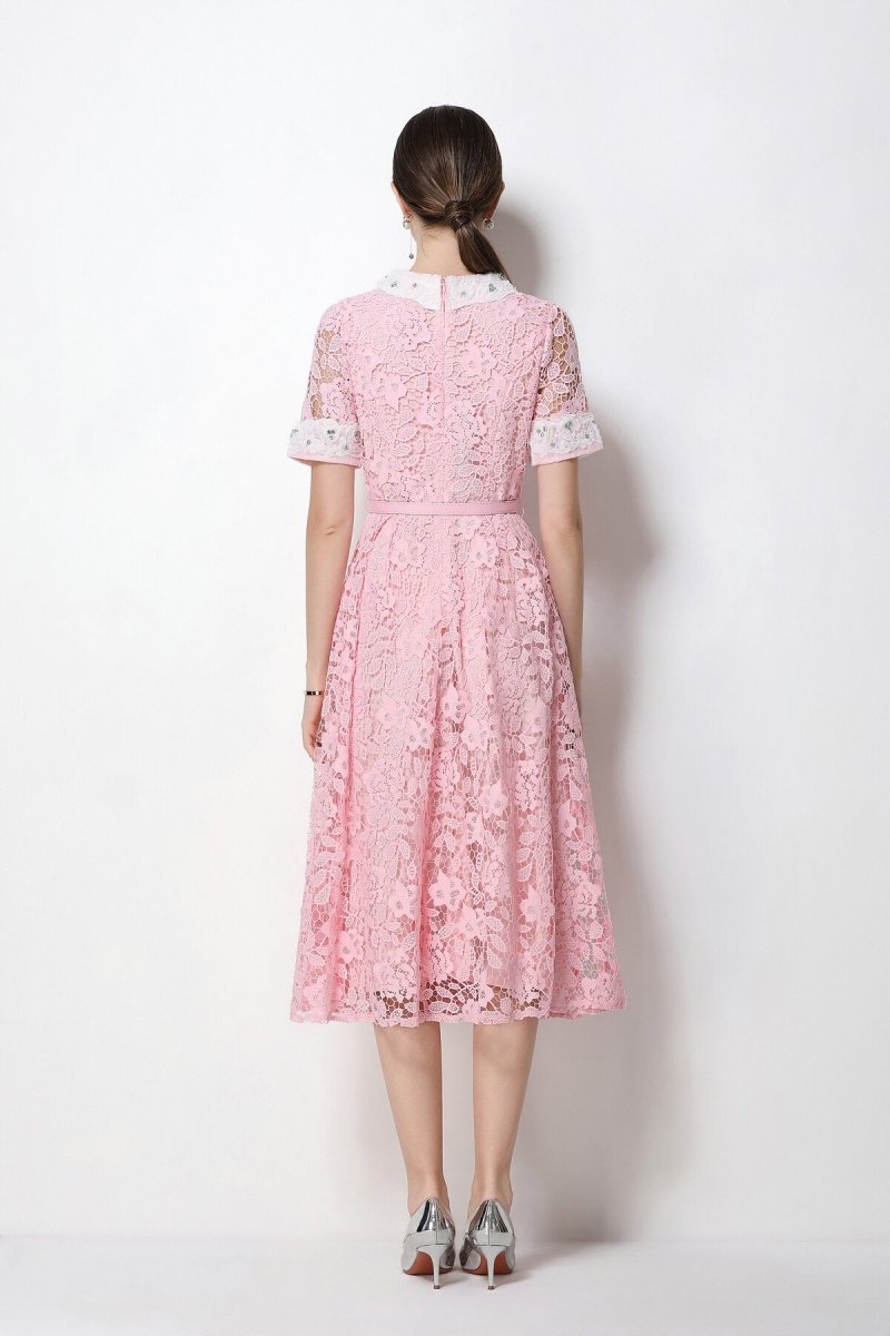 Floral Lace Peter Pan Collar Midi Dress with Crystal Buttons & Grommet Belt