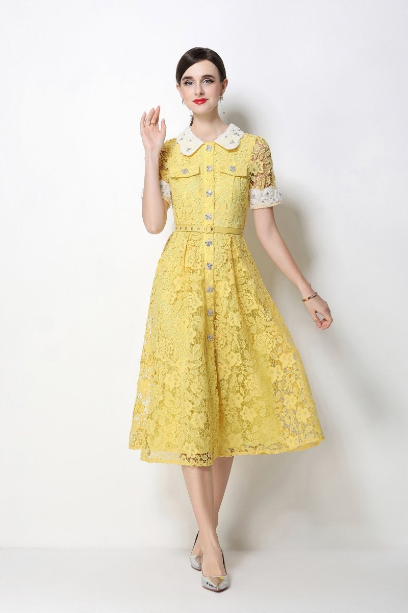 Floral Lace Peter Pan Collar Midi Dress with Crystal Buttons & Grommet Belt