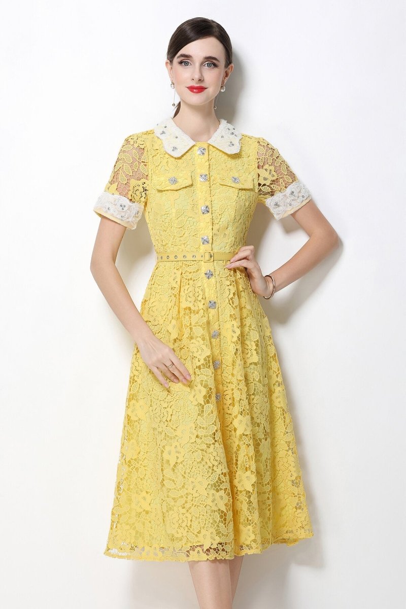 Floral Lace Peter Pan Collar Midi Dress with Crystal Buttons & Grommet Belt
