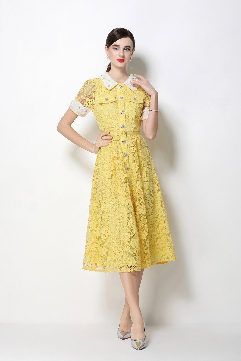 Floral Lace Peter Pan Collar Midi Dress with Crystal Buttons & Grommet Belt