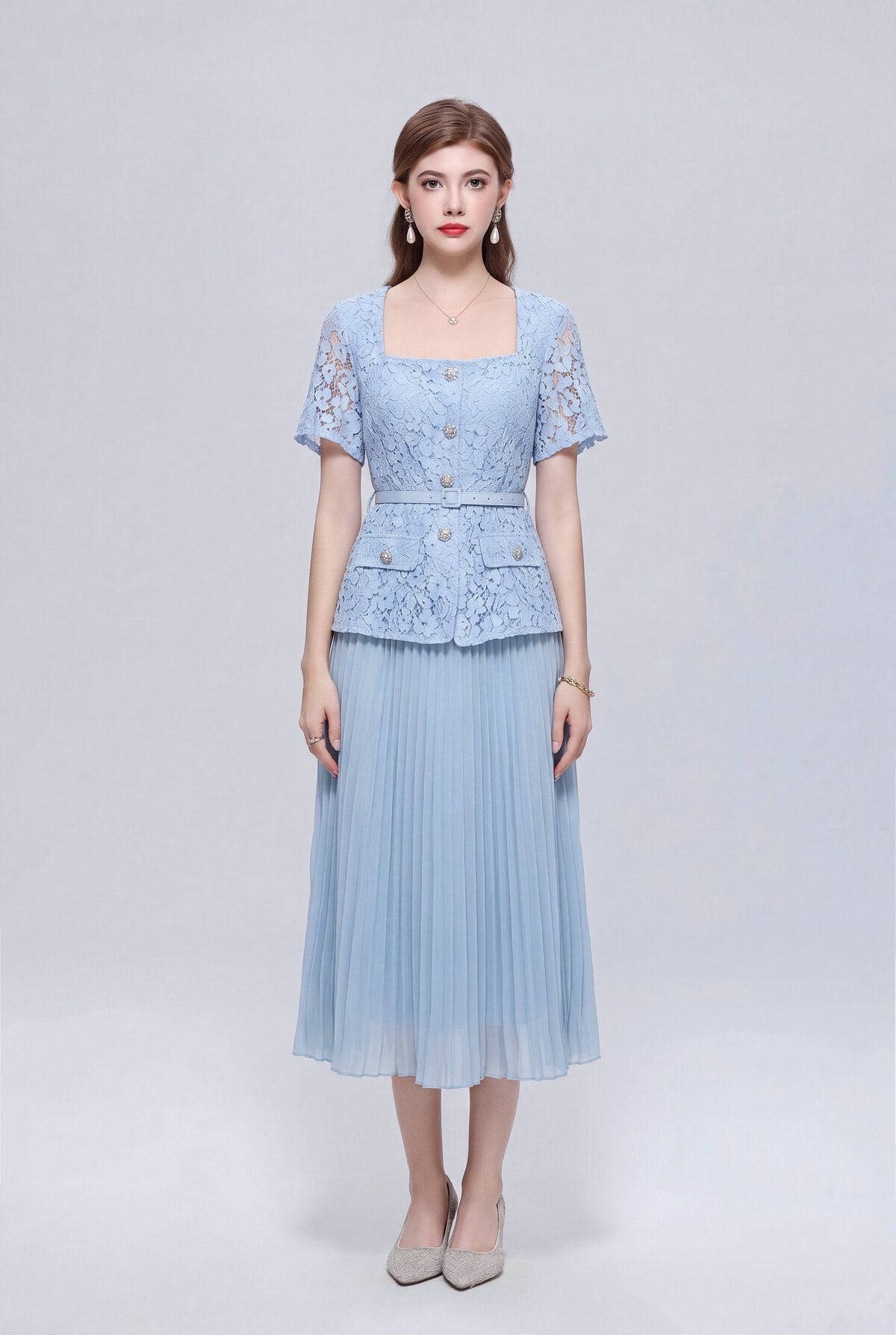 Floral Lace Square-Neck Peplum Midi Dress with Crystal Buttons and Pleated Skirt