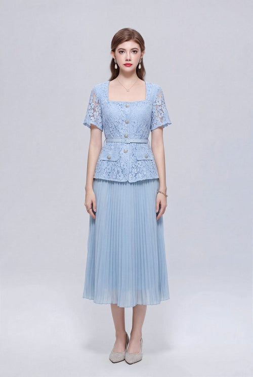 Floral Lace Square-Neck Peplum Midi Dress with Crystal Buttons and Pleated Skirt
