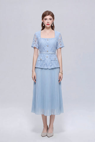 Floral Lace Square-Neck Peplum Midi Dress with Crystal Buttons and Pleated Skirt