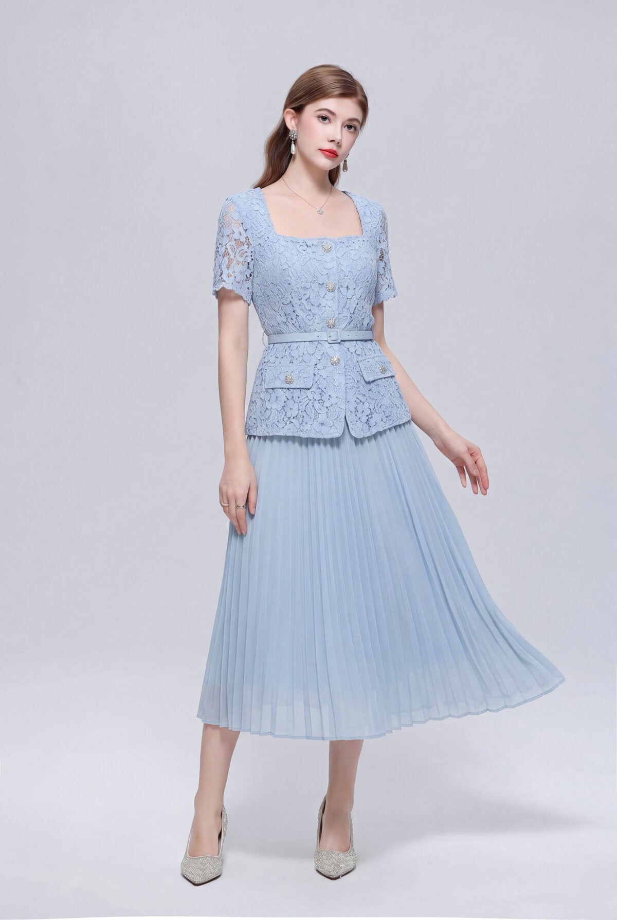 Floral Lace Square-Neck Peplum Midi Dress with Crystal Buttons and Pleated Skirt