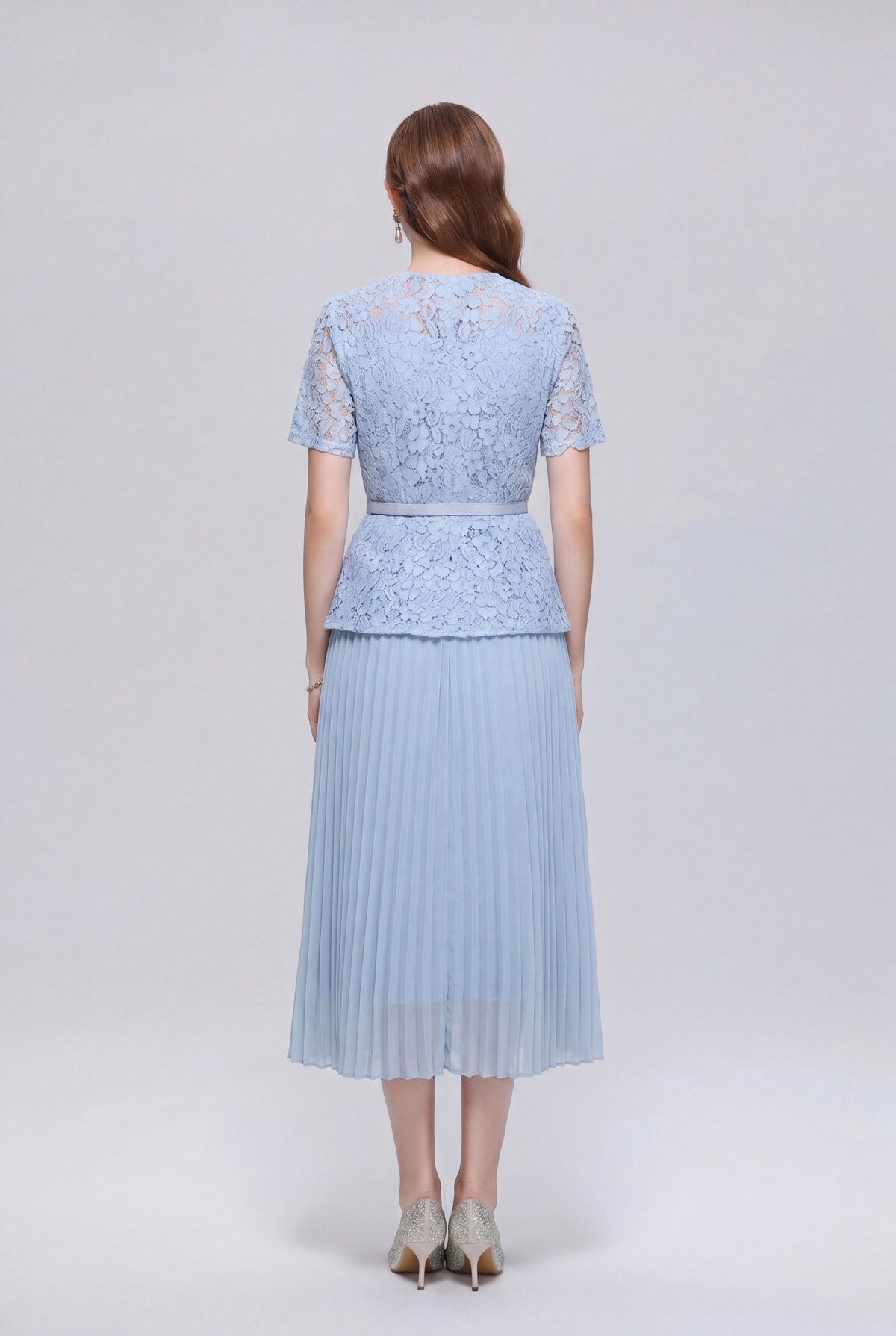 Floral Lace Square-Neck Peplum Midi Dress with Crystal Buttons and Pleated Skirt
