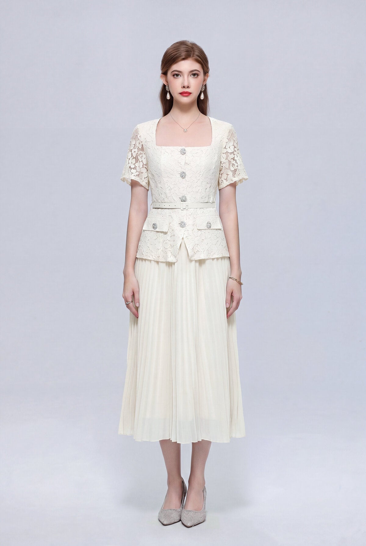 Floral Lace Square-Neck Peplum Midi Dress with Crystal Buttons and Pleated Skirt
