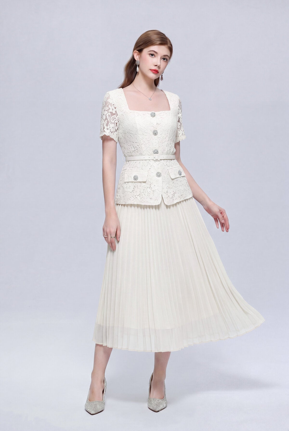Floral Lace Square-Neck Peplum Midi Dress with Crystal Buttons and Pleated Skirt