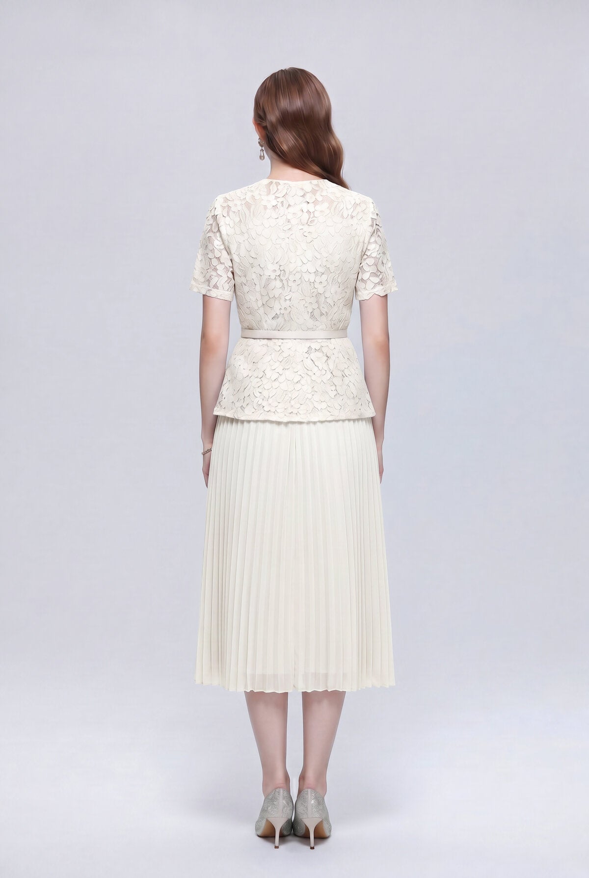 Floral Lace Square-Neck Peplum Midi Dress with Crystal Buttons and Pleated Skirt