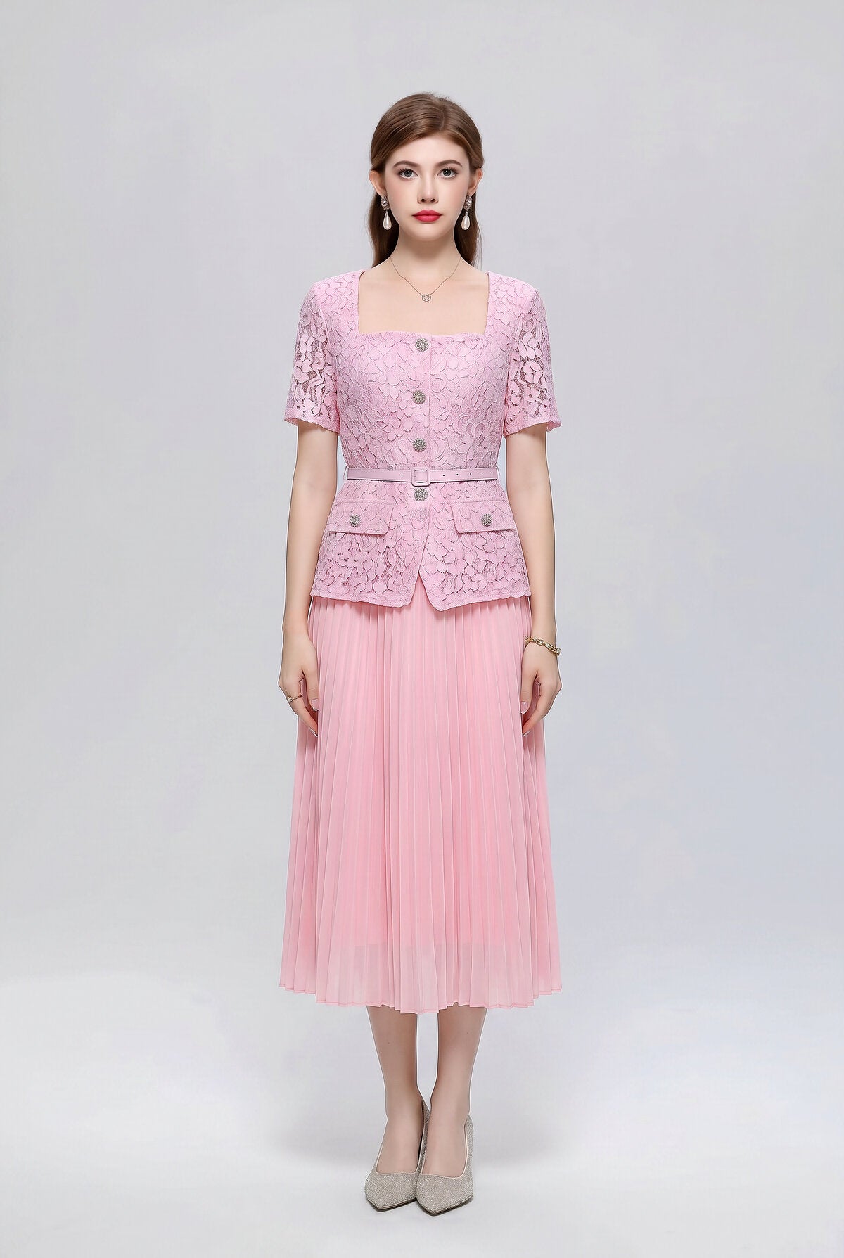 Floral Lace Square-Neck Peplum Midi Dress with Crystal Buttons and Pleated Skirt