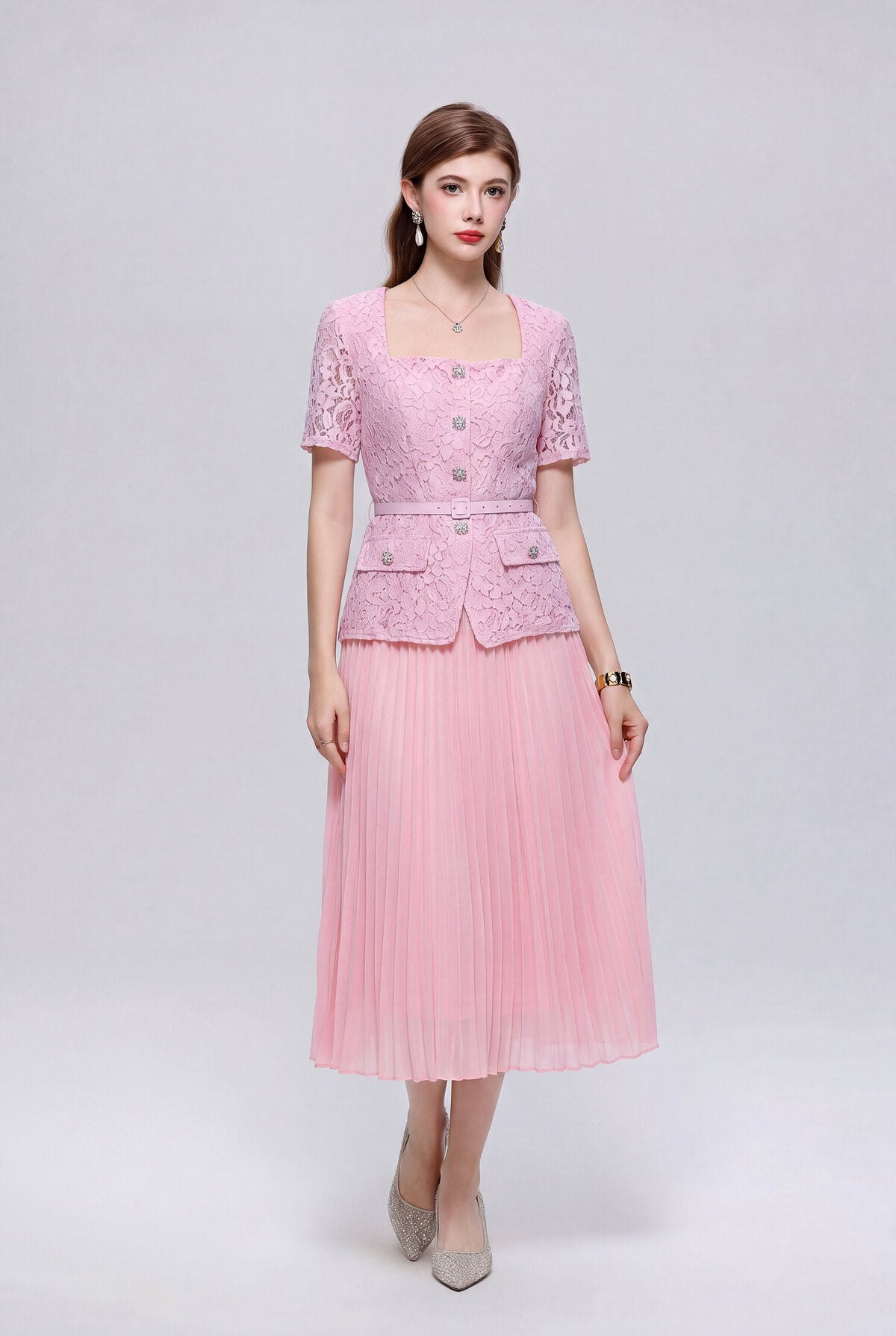 Floral Lace Square-Neck Peplum Midi Dress with Crystal Buttons and Pleated Skirt