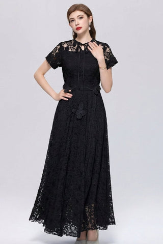 Floral Lace Tie-Neck Flutter-Sleeve Maxi Dress with Butterfly Appliqués