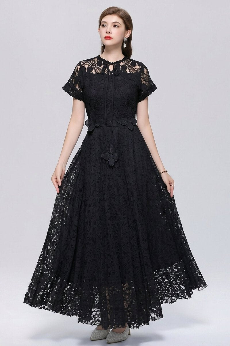 Floral Lace Tie-Neck Flutter-Sleeve Maxi Dress with Butterfly Appliqués