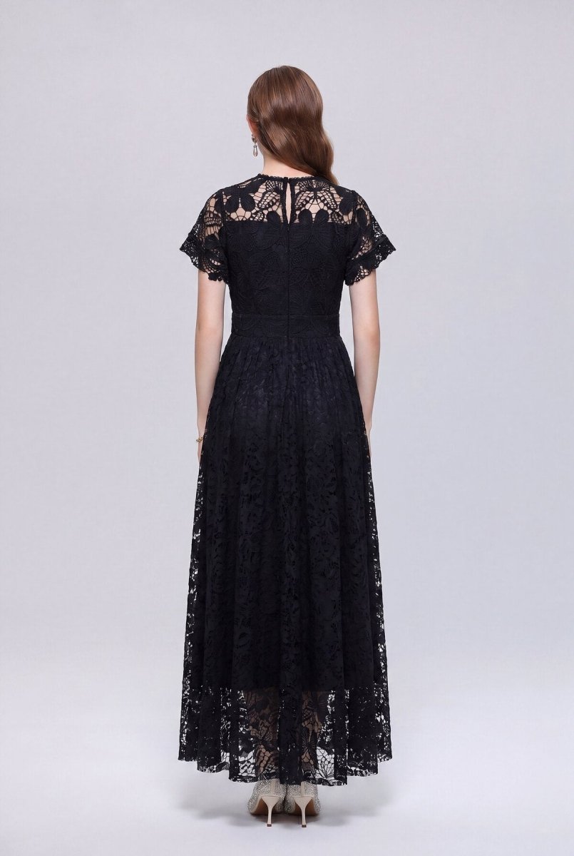 Floral Lace Tie-Neck Flutter-Sleeve Maxi Dress with Butterfly Appliqués