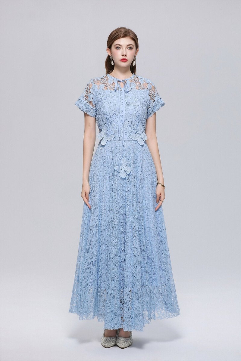 Floral Lace Tie-Neck Flutter-Sleeve Maxi Dress with Butterfly Appliqués