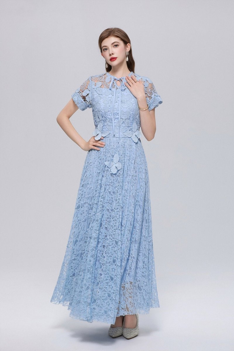 Floral Lace Tie-Neck Flutter-Sleeve Maxi Dress with Butterfly Appliqués