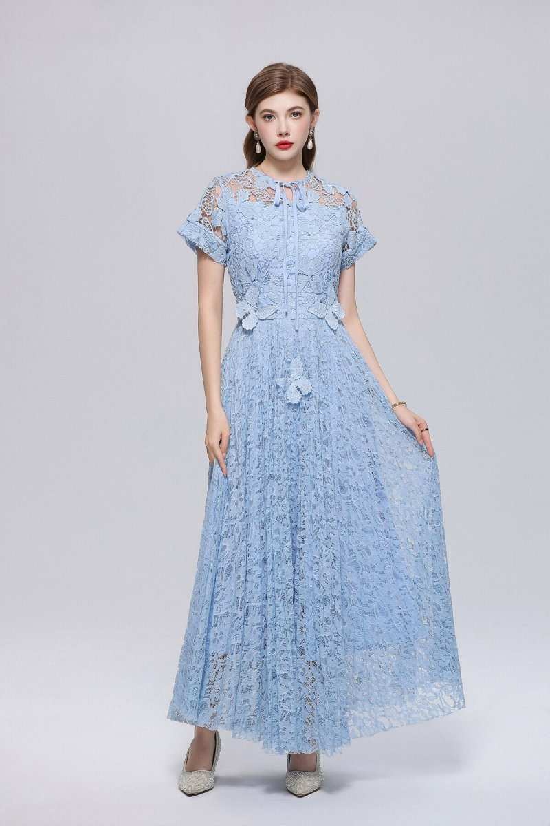 Floral Lace Tie-Neck Flutter-Sleeve Maxi Dress with Butterfly Appliqués