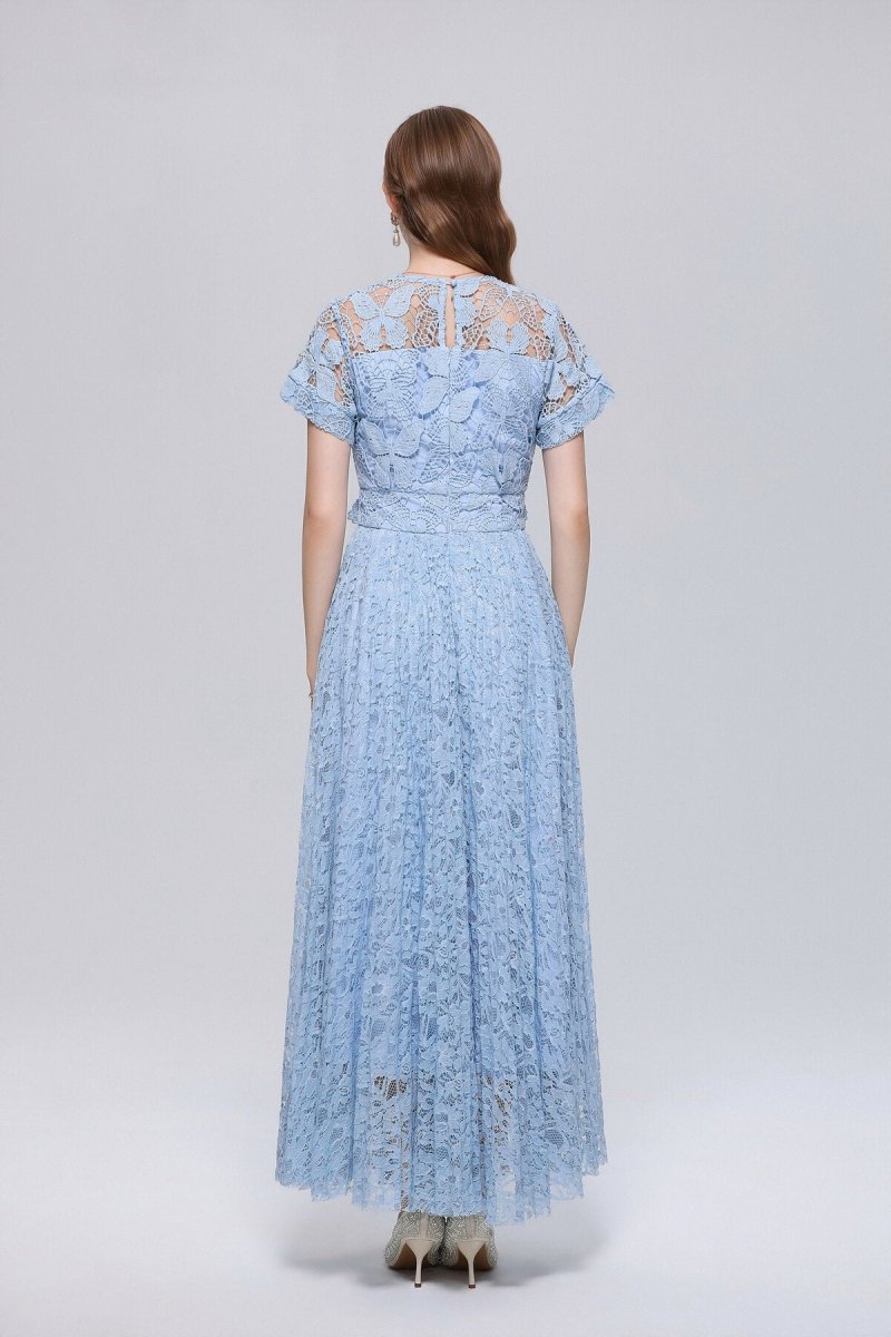 Floral Lace Tie-Neck Flutter-Sleeve Maxi Dress with Butterfly Appliqués