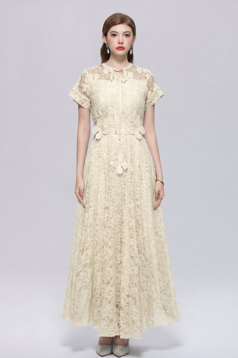 Floral Lace Tie-Neck Flutter-Sleeve Maxi Dress with Butterfly Appliqués