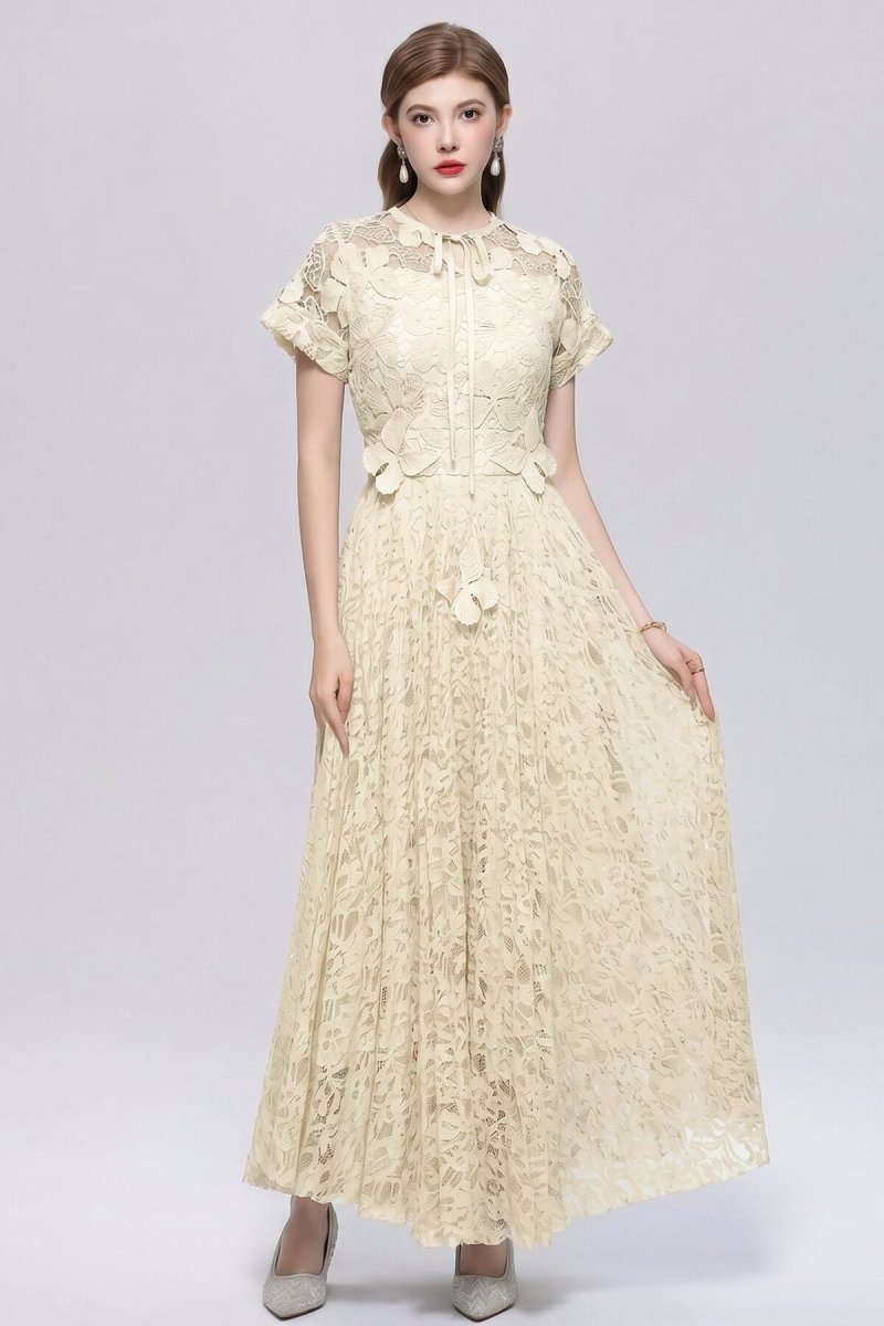Floral Lace Tie-Neck Flutter-Sleeve Maxi Dress with Butterfly Appliqués