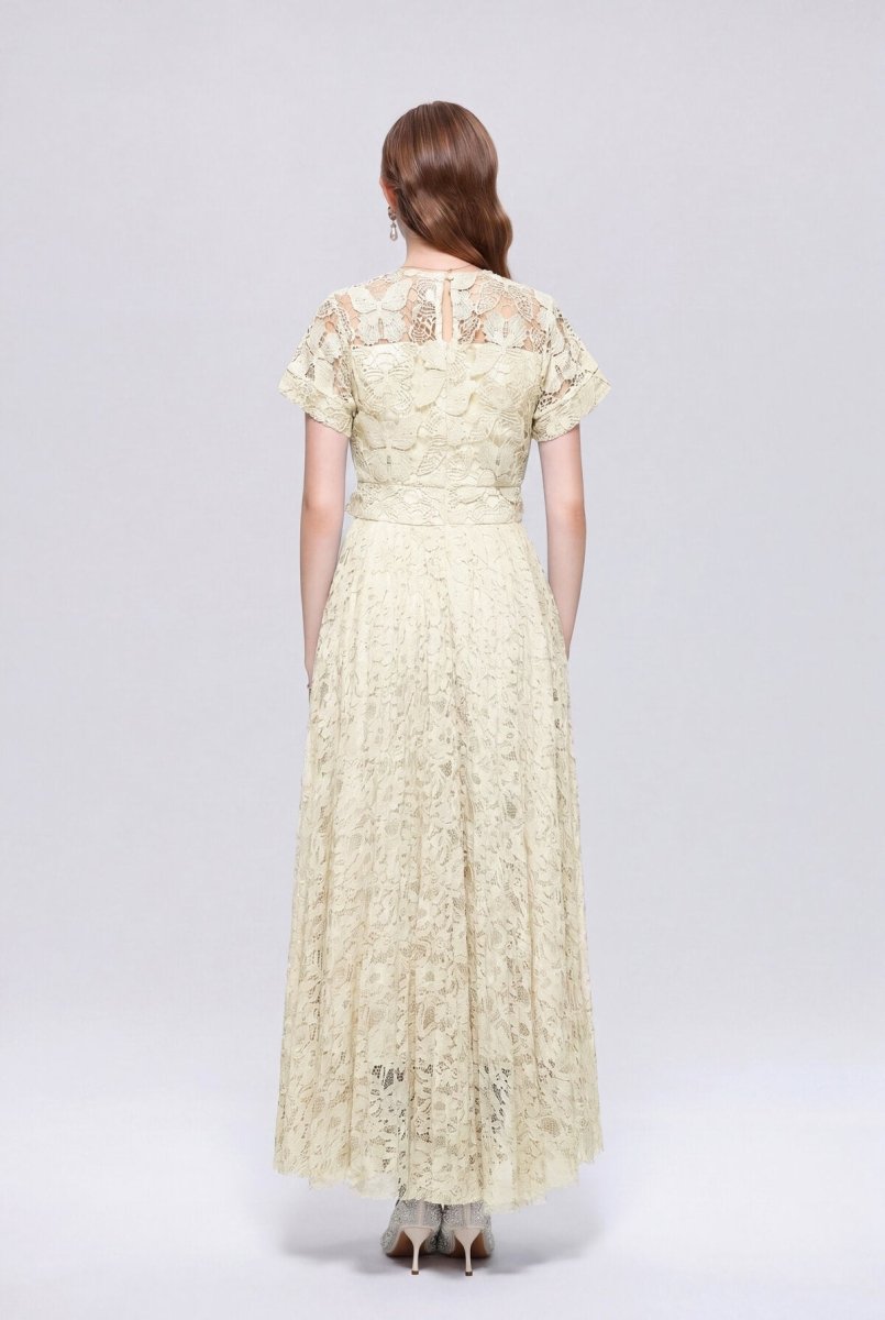 Floral Lace Tie-Neck Flutter-Sleeve Maxi Dress with Butterfly Appliqués