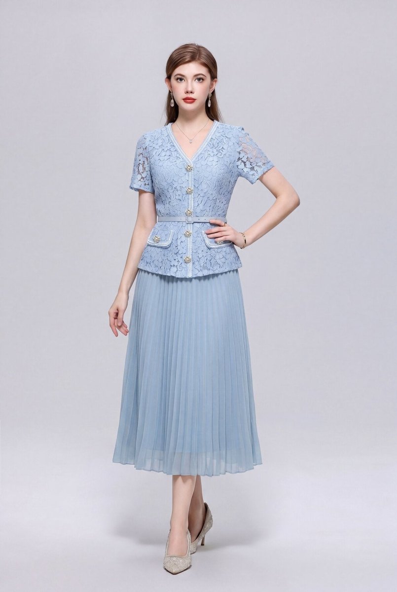 Floral Lace V-Neck Peplum Midi Dress with Crystal Buttons and Pleated Skirt