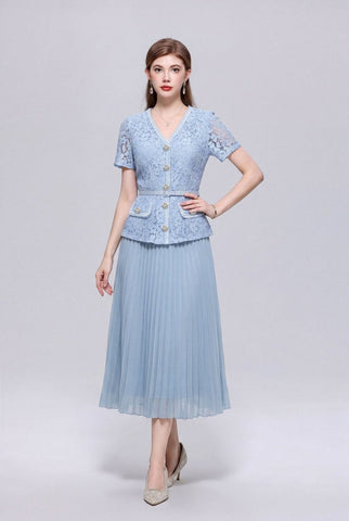Floral Lace V-Neck Peplum Midi Dress with Crystal Buttons and Pleated Skirt