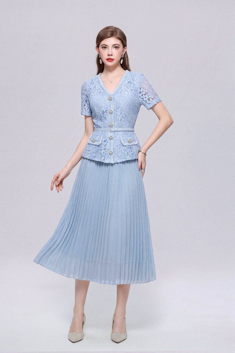 Floral Lace V-Neck Peplum Midi Dress with Crystal Buttons and Pleated Skirt
