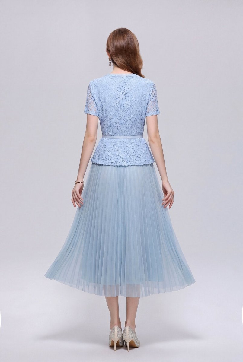Floral Lace V-Neck Peplum Midi Dress with Crystal Buttons and Pleated Skirt