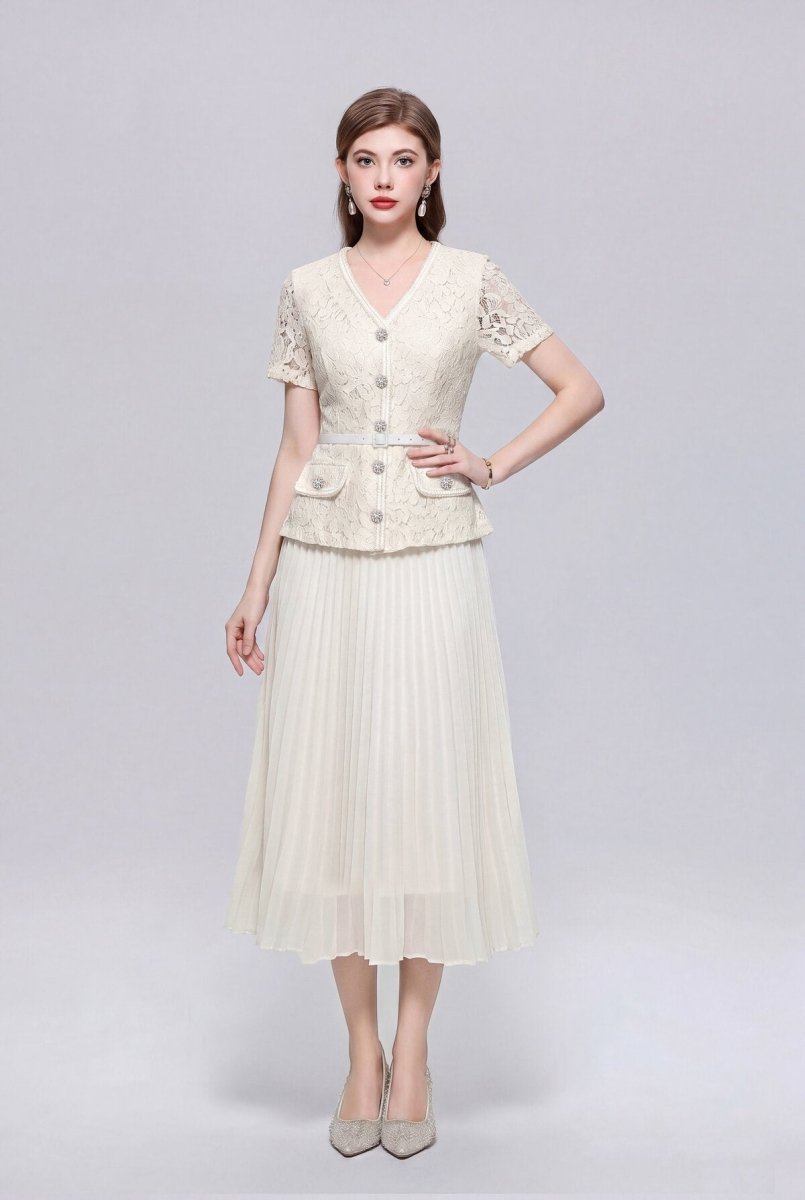 Floral Lace V-Neck Peplum Midi Dress with Crystal Buttons and Pleated Skirt