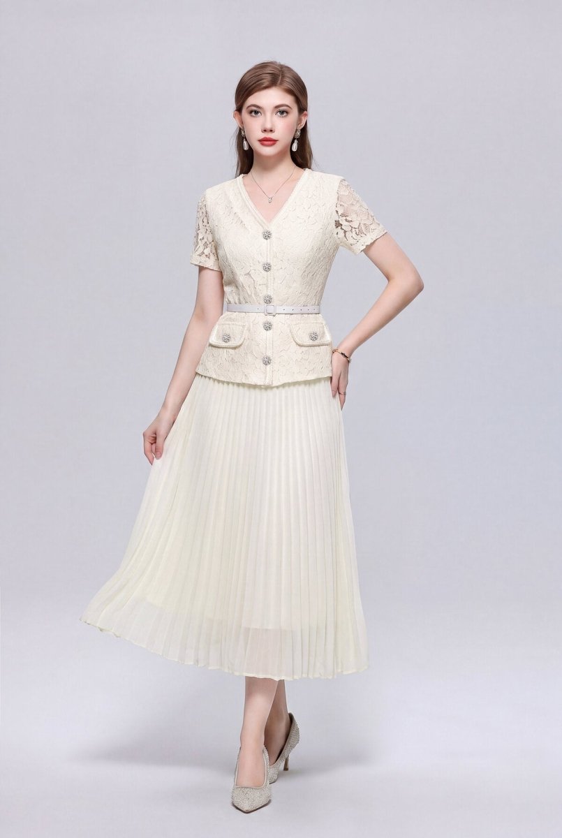 Floral Lace V-Neck Peplum Midi Dress with Crystal Buttons and Pleated Skirt