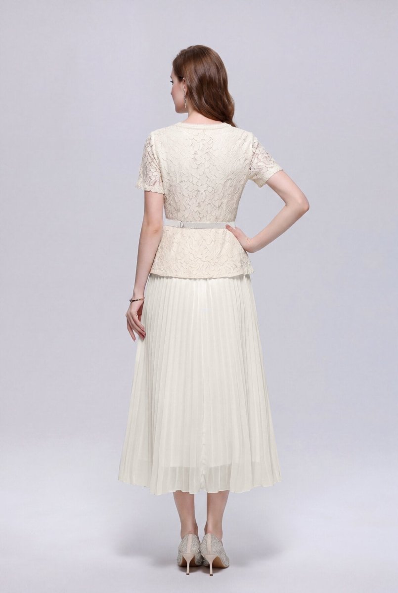 Floral Lace V-Neck Peplum Midi Dress with Crystal Buttons and Pleated Skirt