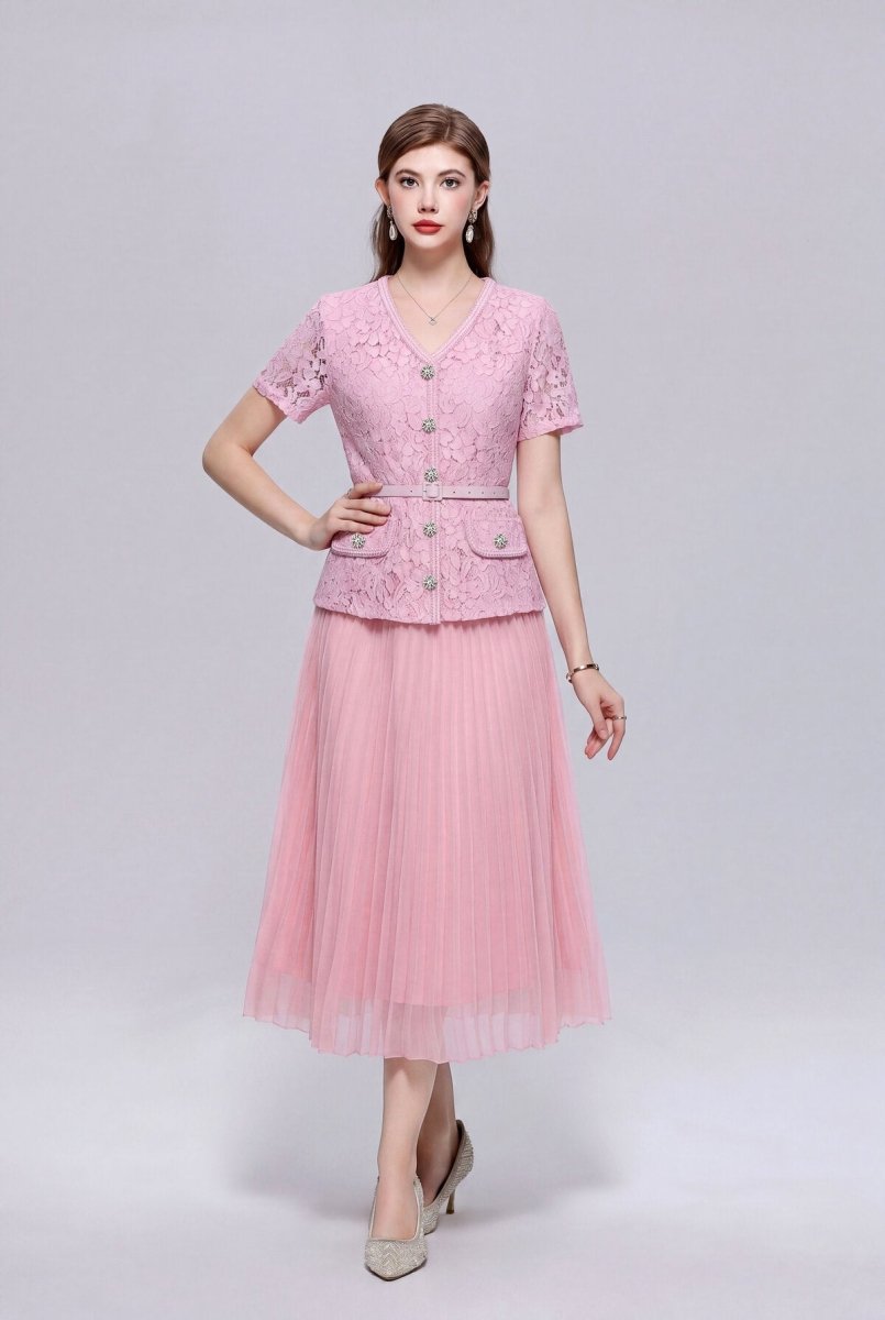 Floral Lace V-Neck Peplum Midi Dress with Crystal Buttons and Pleated Skirt