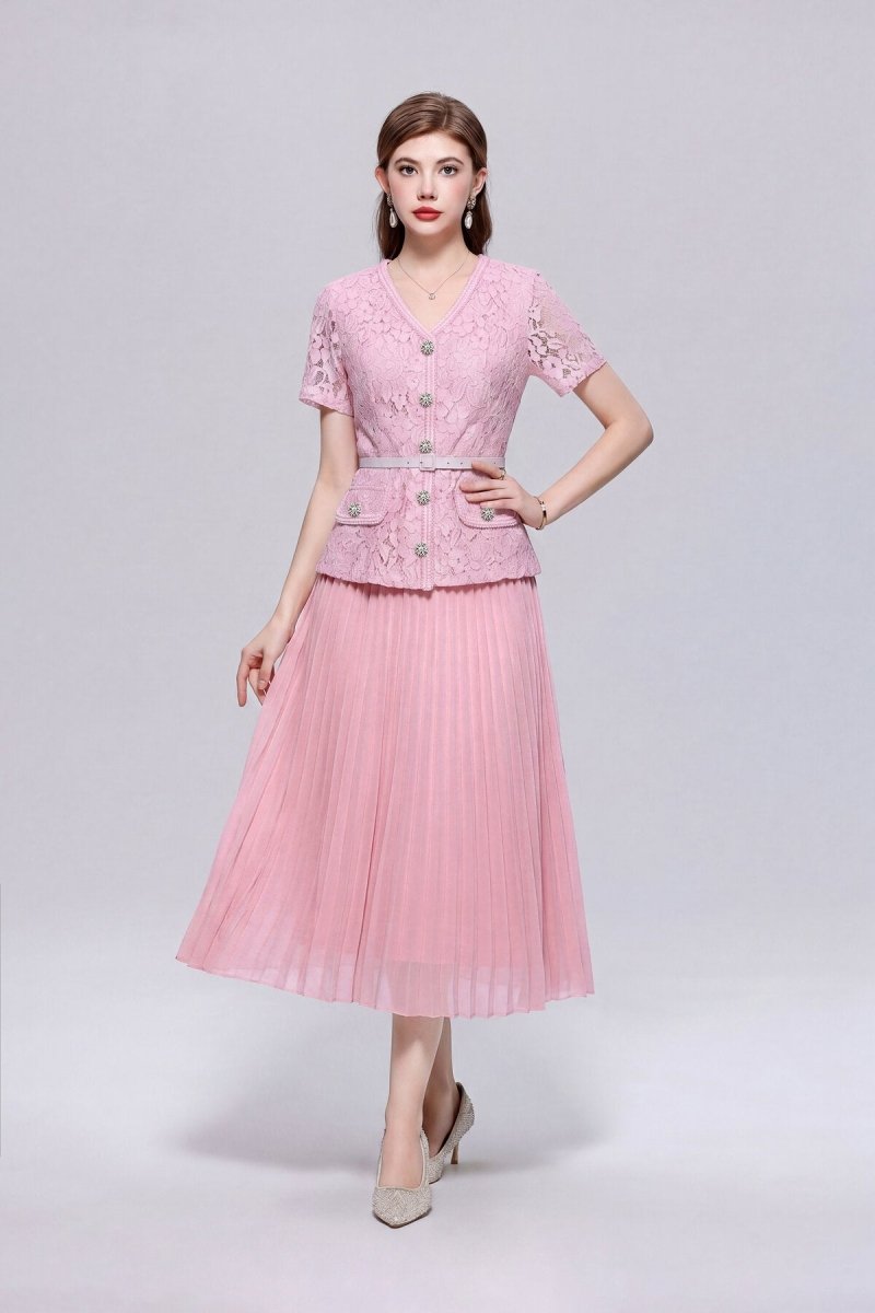 Floral Lace V-Neck Peplum Midi Dress with Crystal Buttons and Pleated Skirt