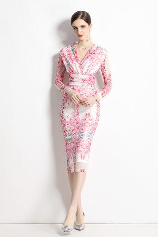 Floral Pink Plunging Fitted Garden Party Midi Dress