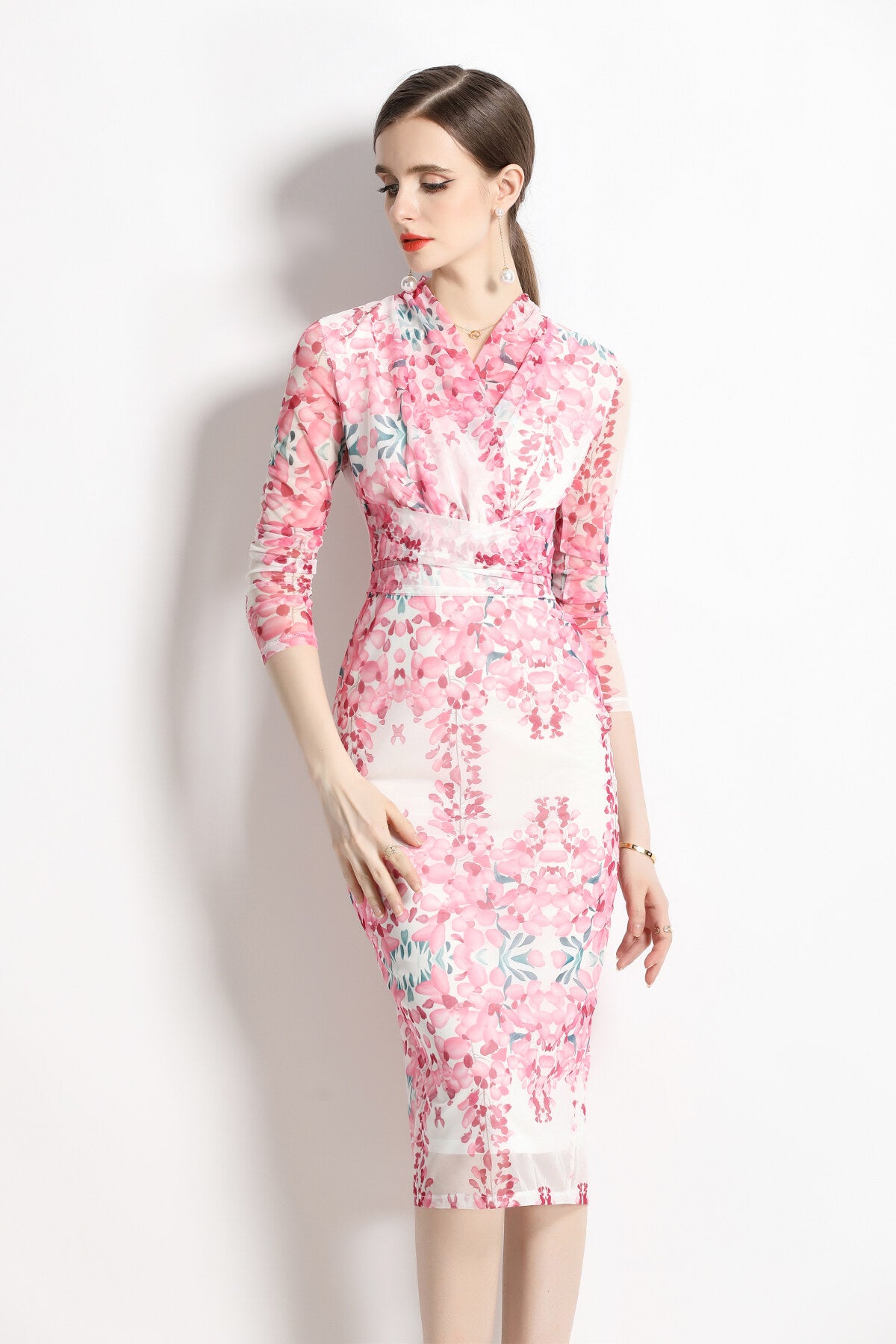 floral pink plunging fitted garden party midi dress all pink 2