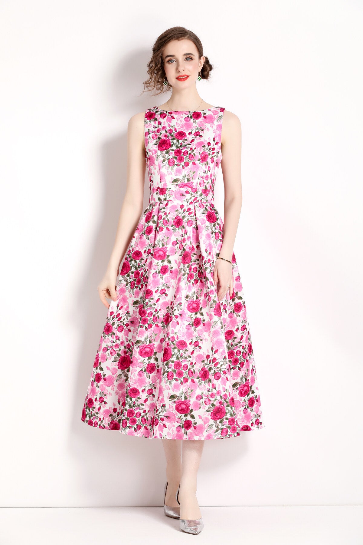 floral pink sleeveless midi dress all pink 1