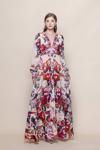 Floral Print Deep V-Neck Maxi Dress with Balloon Sleeves