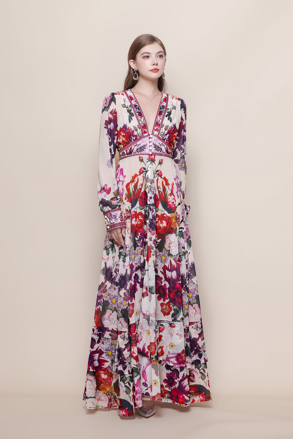 Floral Print Deep V-Neck Maxi Dress with Balloon Sleeves