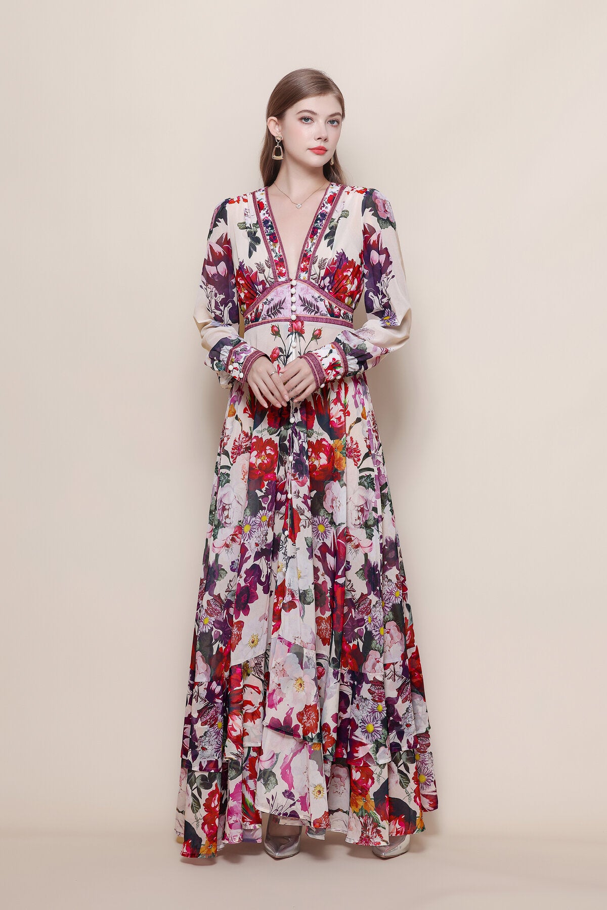 Floral Print Deep V-Neck Maxi Dress with Balloon Sleeves
